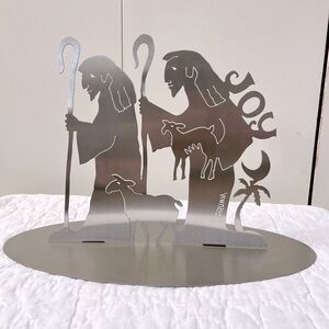 RARE Don Drumm Brushed Aluminum Standing Nativity Shepherds Sheep JOY Christmas